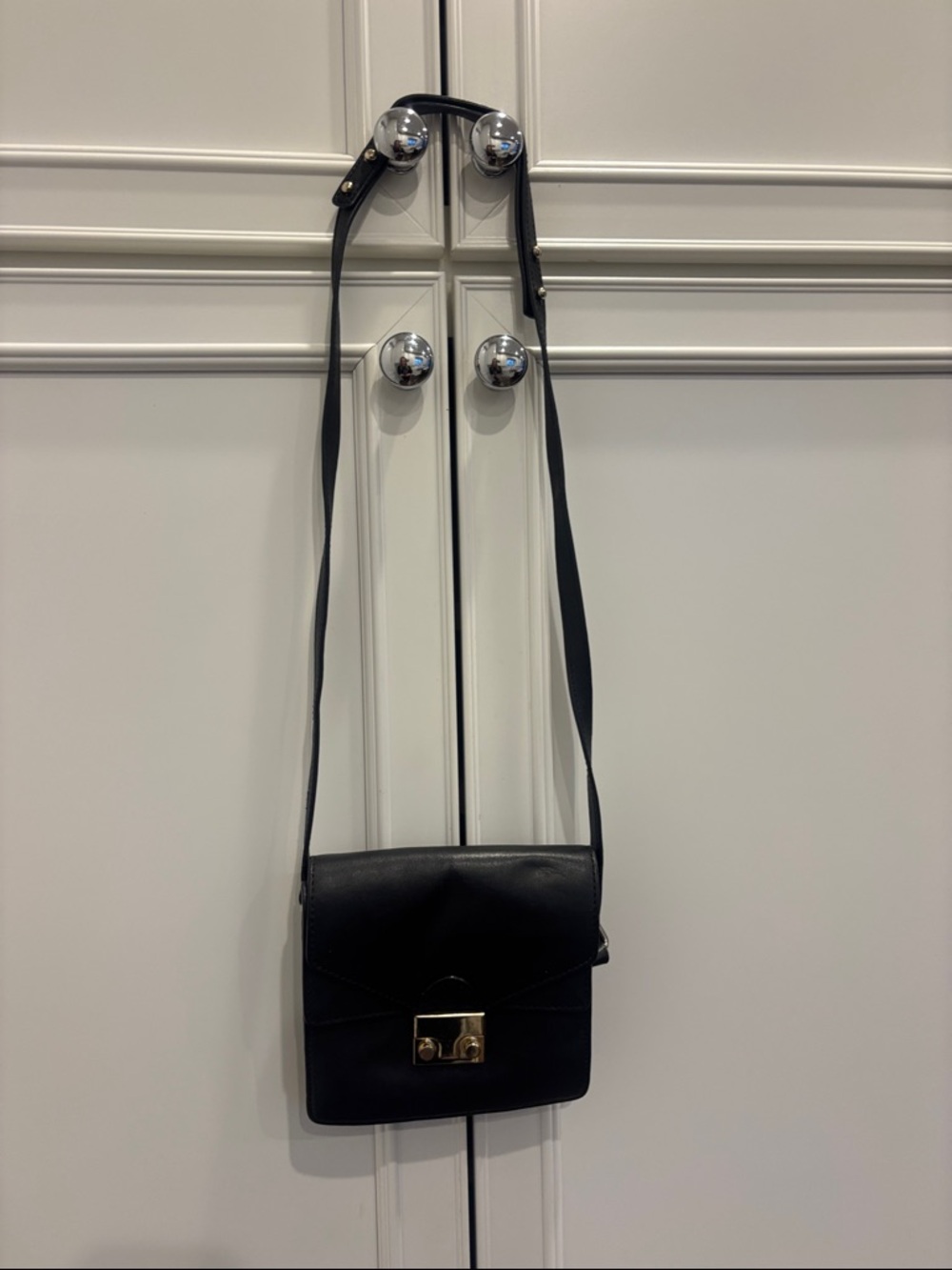 Loeffler Randall Black Leather Mini Crossbody with Gold Lock